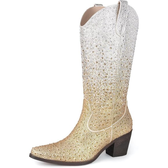 ⚡Women’s Gold Silver Rhinestone Cowboy Boots Mid Calf Pointed Toe Block Heel - Picture 1 of 6